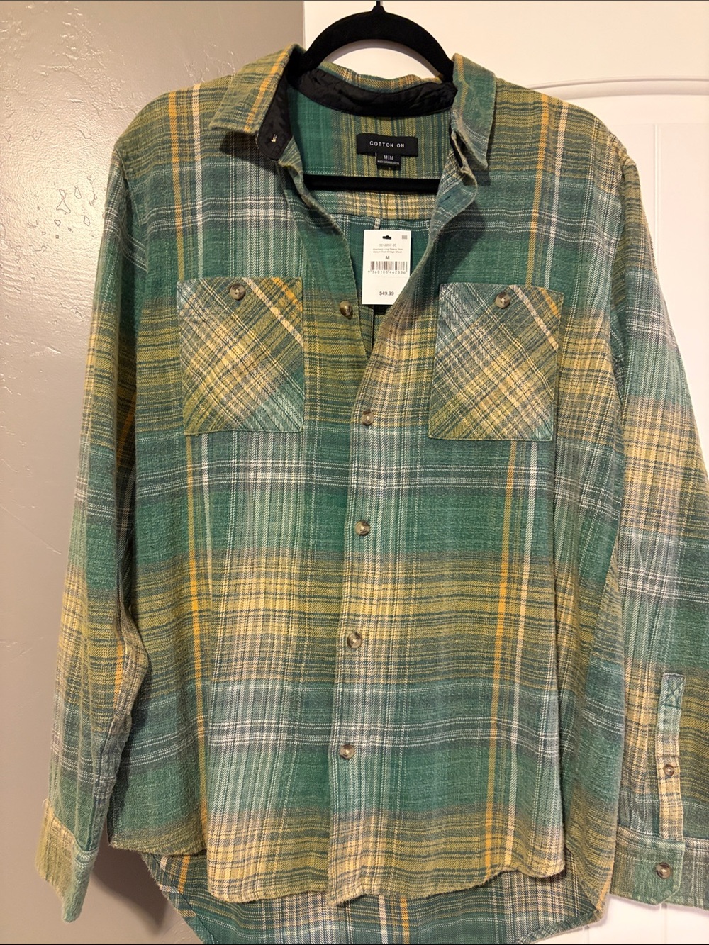 Cotton On Men's Green and Yellow Plaid Button-Down Shirt